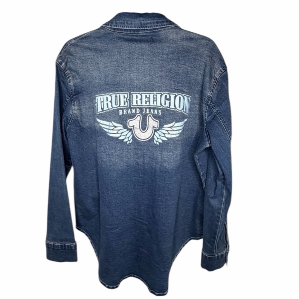 TRUE‎ RELIGION Georgia Denim Glitter Logo Back Shirt Shacket New